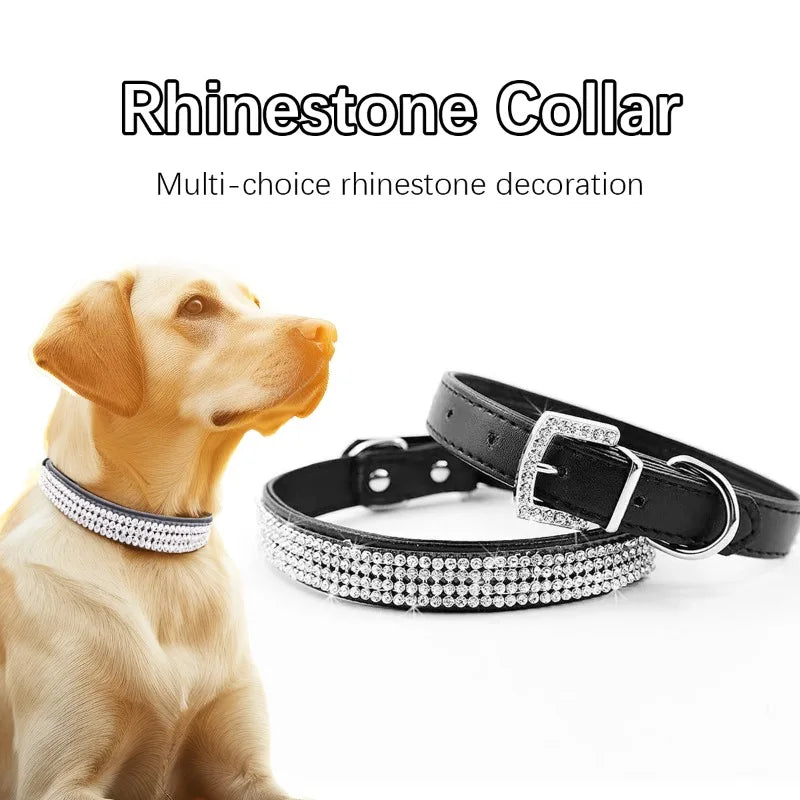 Rhinestone Dog Collar – Sparkling Crystal PU Collar for Cats & Dogs