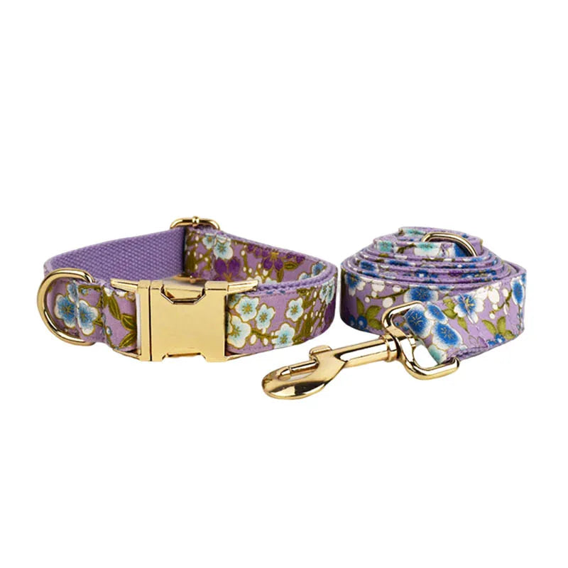 Purple Soft Cotton Personalized Dog Collar, Leash & Harness Set