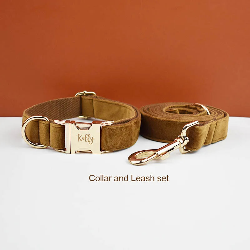 Light Coffee Color Velvet Personalized Dog Collar, Leash & Harness Set