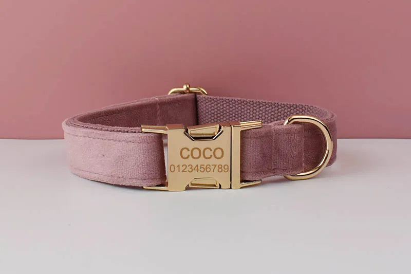 Light Purple Velvet Personalized Dog Collar, Leash & Harness Set