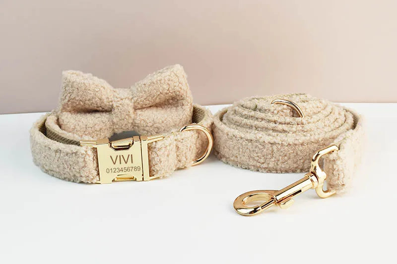 Teddy Velvet Personalized Dog Collar, Leash & Harness Set