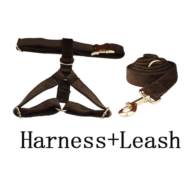 Dark Brown Velvet Personalized Dog Collar, Leash & Harness Set