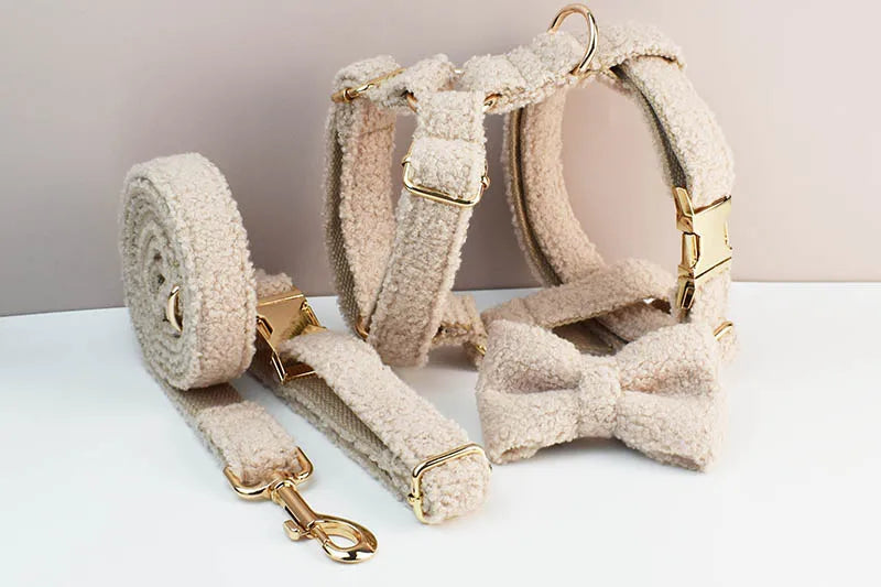 Teddy Velvet Personalized Dog Collar, Leash & Harness Set