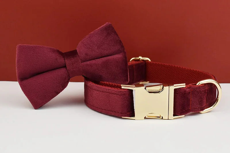 Red Wine Velvet Personalized Dog Collar, Leash & Harness Set