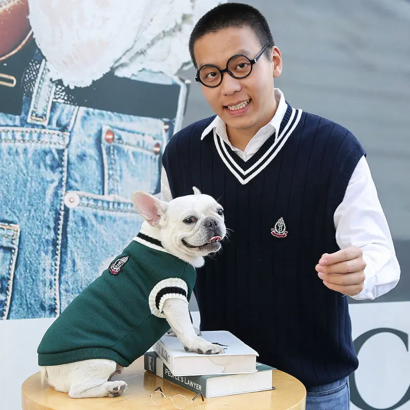 Winter Knit Dog Sweater – College Style V-Neck Warm Pet Vest for Small Dogs