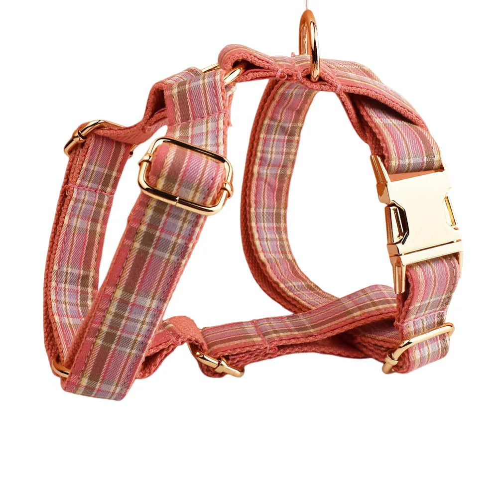Multi Plaid Personalized Dog Bowtie Collar, Leash Set And Harness Set - Engravable Best Gift For Dog Lover