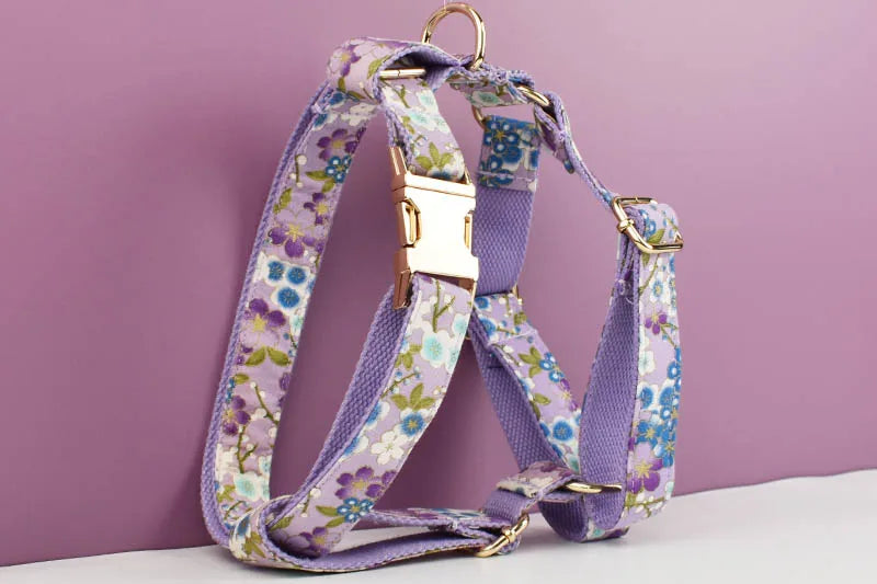 Purple Soft Cotton Personalized Dog Collar, Leash & Harness Set