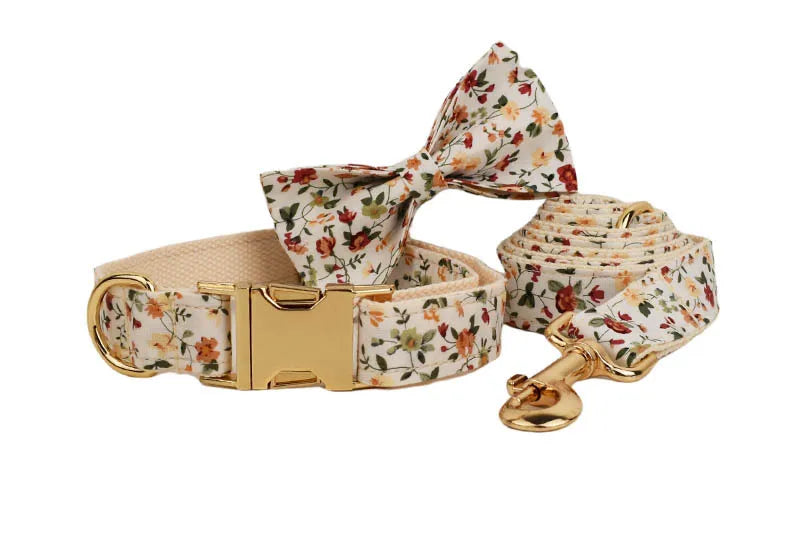 Personalized Floral Dog Harness and Leash Set, Puppy Bowtie Collar with Poop Bag, Cute Outdoor Pet Gift