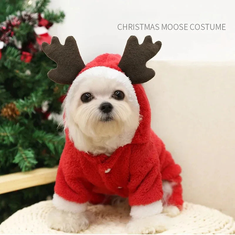 Christmas Elk Dog Hoodie – Warm Coral Velvet Winter Outfit for Small Dogs