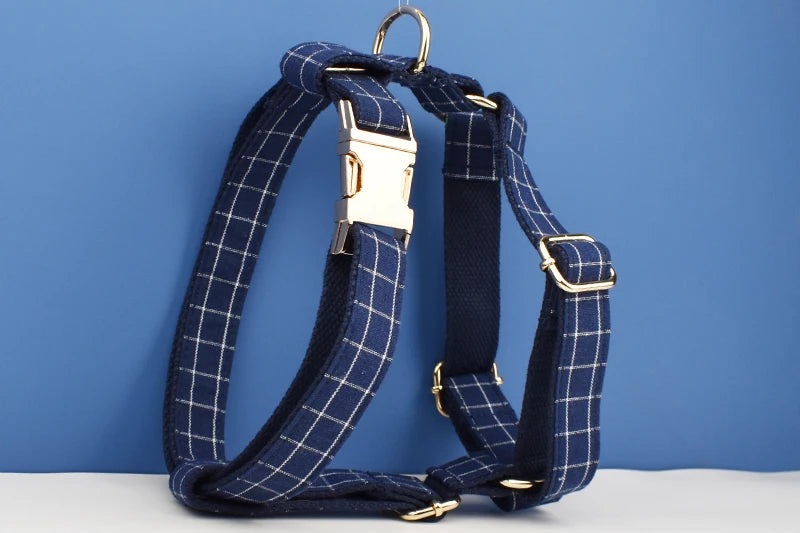 Grid Dark Blue Personalized Dog Collar, Leash & Harness Set