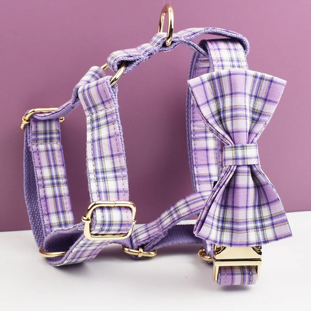 Multi Plaid Personalized Dog Bowtie Collar, Leash Set And Harness Set - Engravable Best Gift For Dog Lover