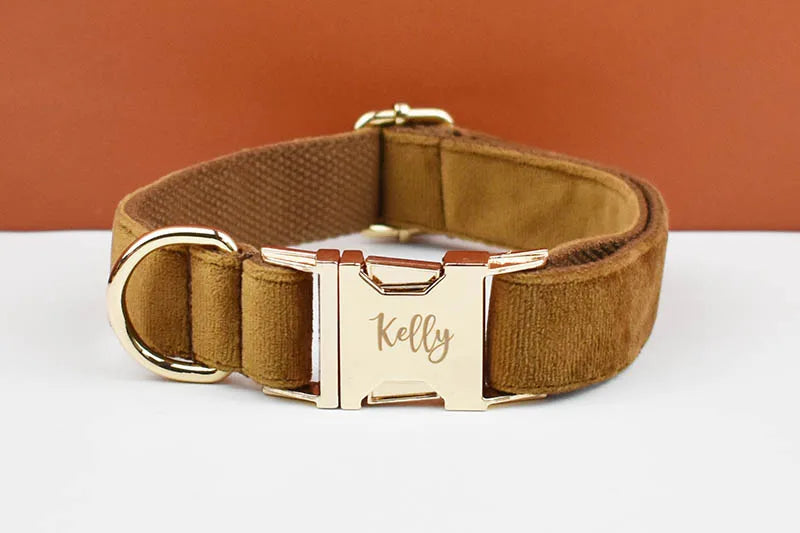 Light Coffee Color Velvet Personalized Dog Collar, Leash & Harness Set