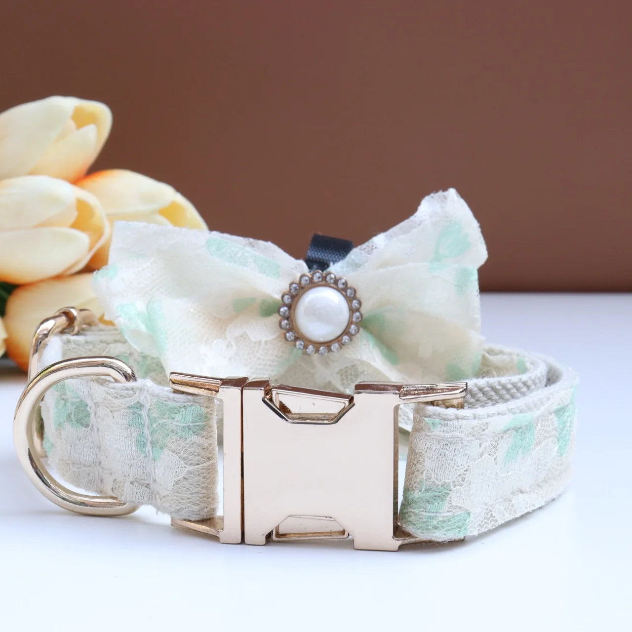 Luxury Pearl Personalized  Dog Collar and Leash Set, Lace Bowtie with Rhinestone Sparkle, Elegant Puppy Girl Pet Necklace