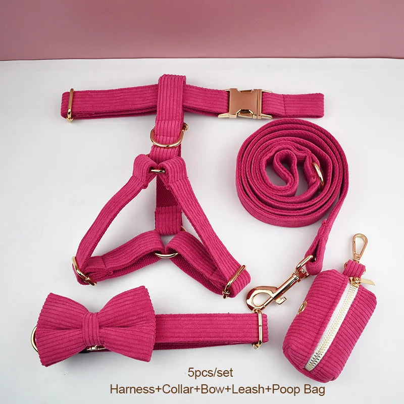 Mei Red Corduroy Personalized Dog Collar, Leash & Harness Set