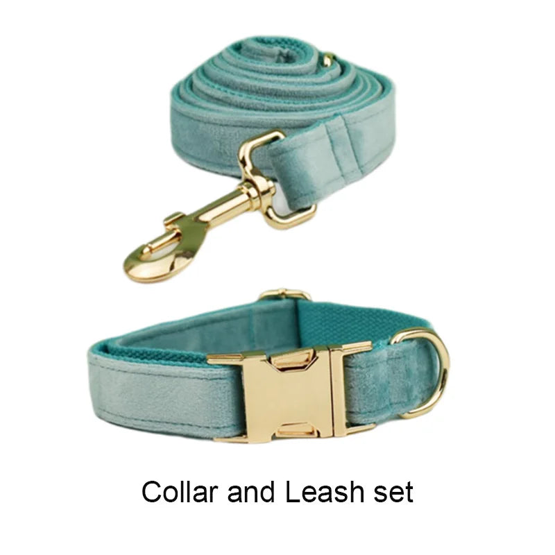 Green Velvet Personalized Dog Collar, Leash & Harness Set