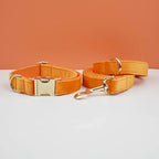 Orange Velvet Personalized Dog Collar, Leash & Harness Set