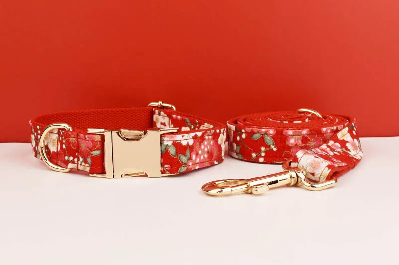 Customized Designer Red Soft Cotton Personalized Dog Collar Leashes Harness Bow Set Flowers
