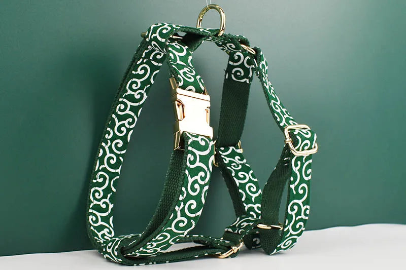 Green Soft Cotton Personalized Dog Collar, Leash & Harness Set