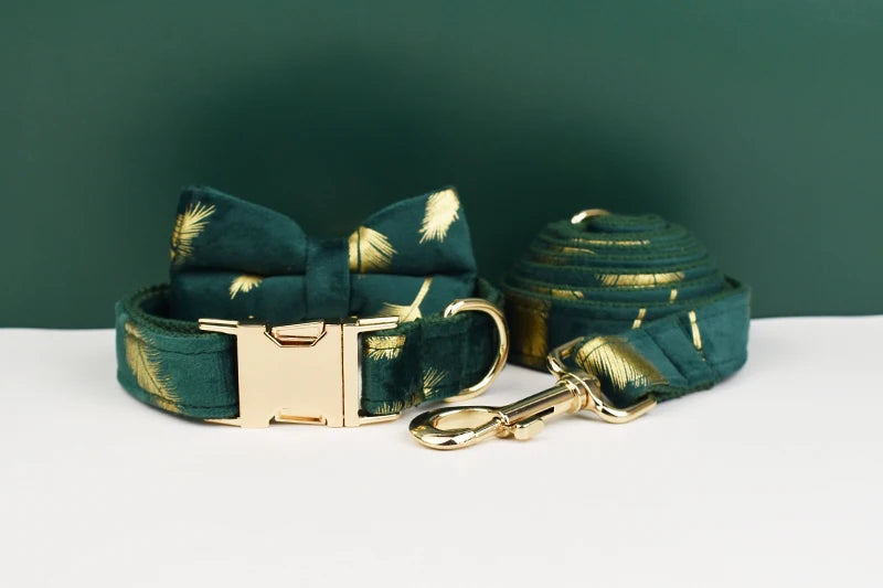 Green feather velvet  Personalized Dog Collar, Leash & Harness Set