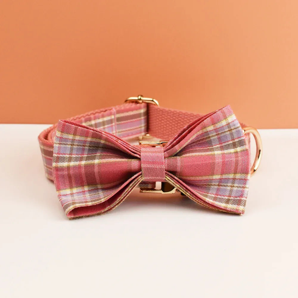 Engraved Plaid Pink Dog Collar Leash Harness Set