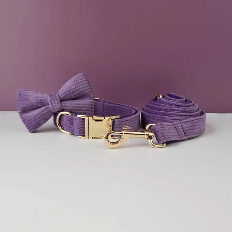 Purple Corduroy Dog Collar Leash and Harness Set