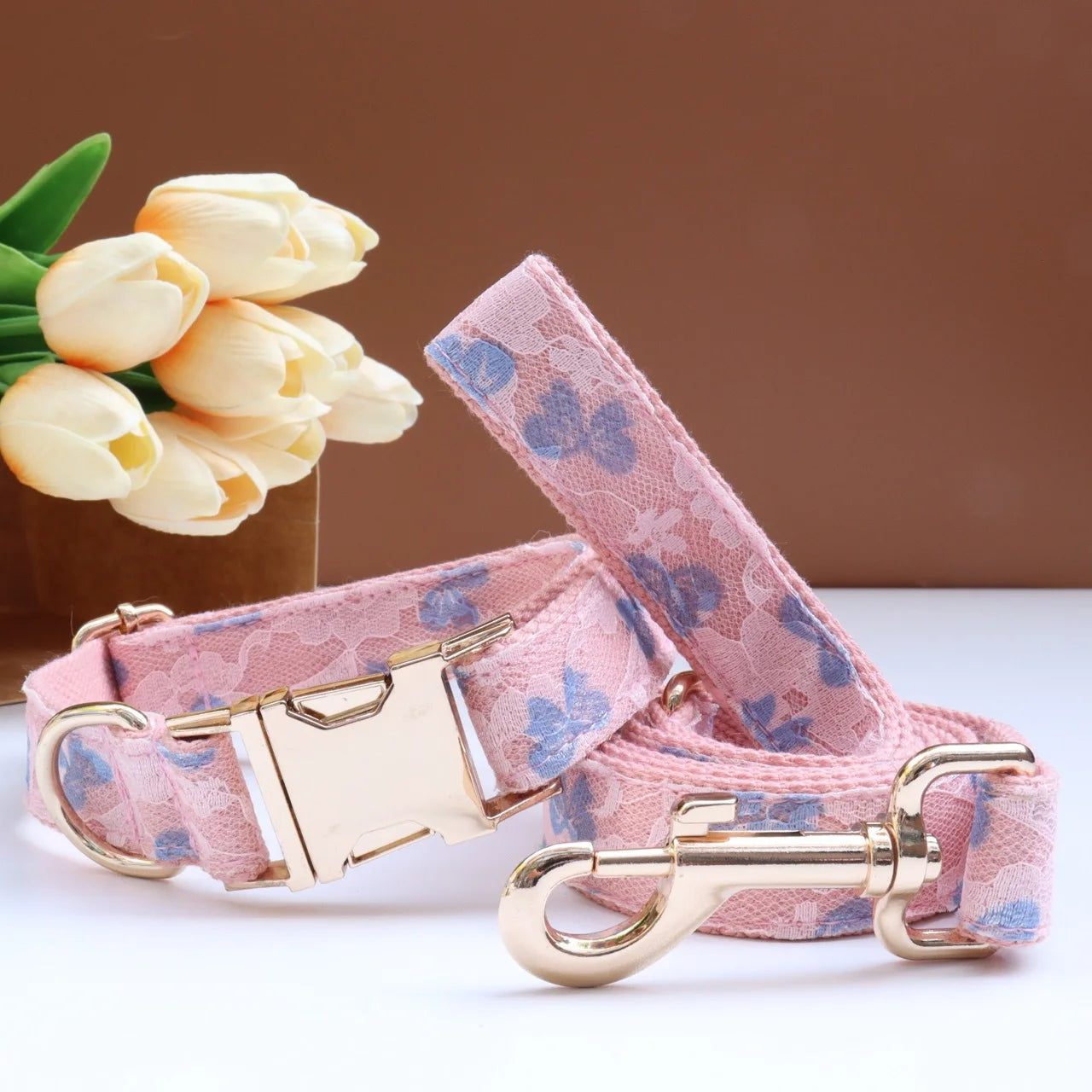 Luxury Pearl Personalized  Dog Collar and Leash Set, Lace Bowtie with Rhinestone Sparkle, Elegant Puppy Girl Pet Necklace