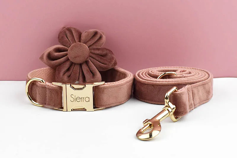 Pink Velvet Personalized Dog Collar, Leash & Harness Set