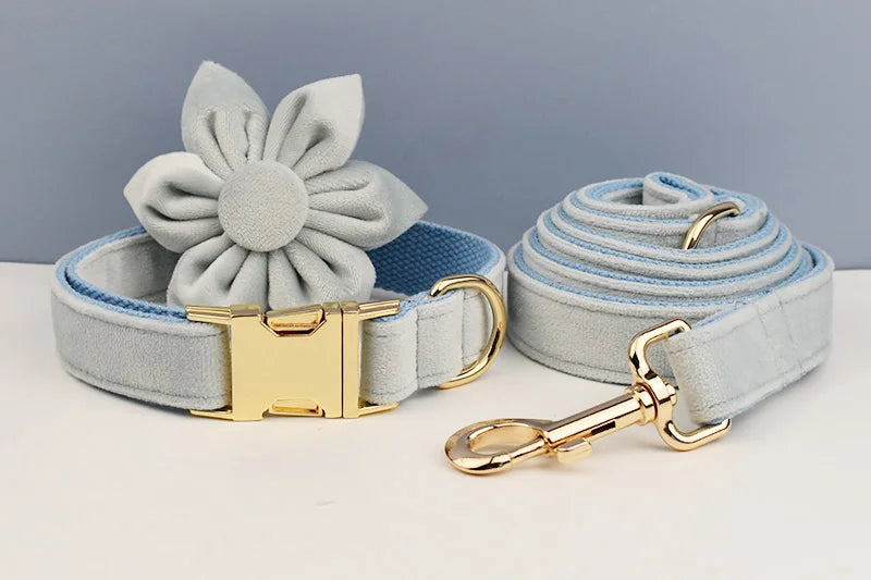 Light Blue Velve Personalized Dog Collar, Leash & Harness Set