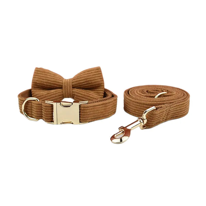 Caramel Corduroy Personalized Dog Collar, Leash & Harness Set