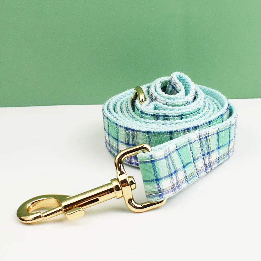 Lake Water Green Plaid Dog Collar Leash and Harness Set