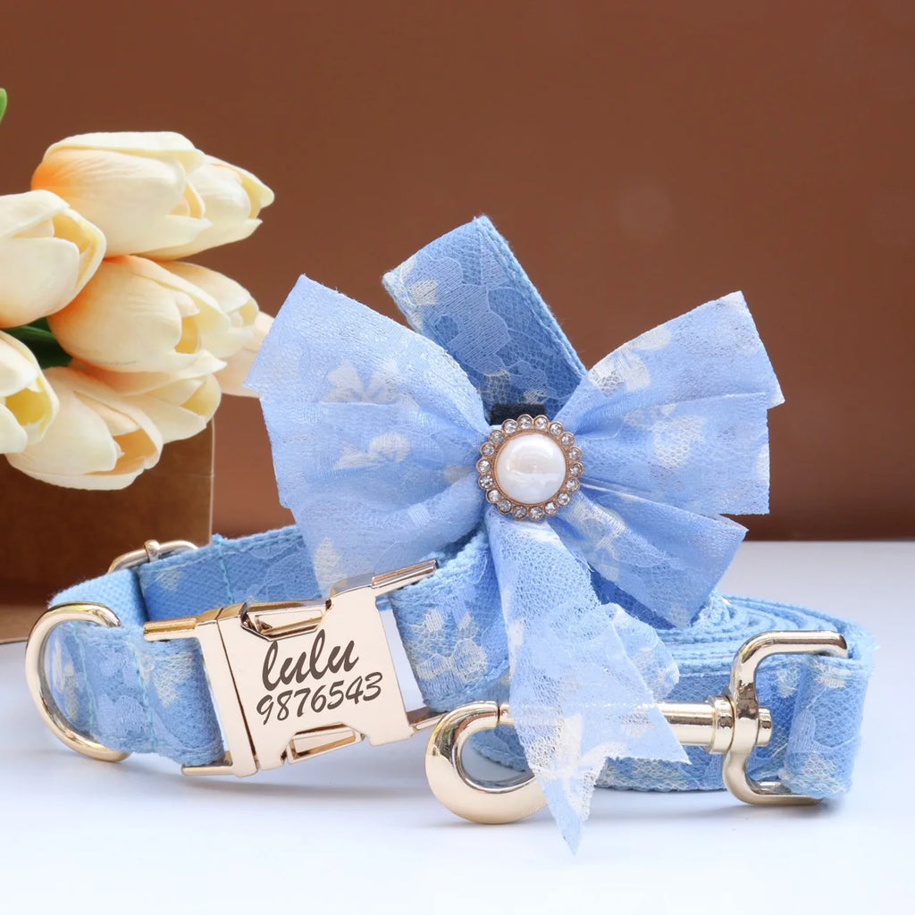 Luxury Pearl Personalized  Dog Collar and Leash Set, Lace Bowtie with Rhinestone Sparkle, Elegant Puppy Girl Pet Necklace
