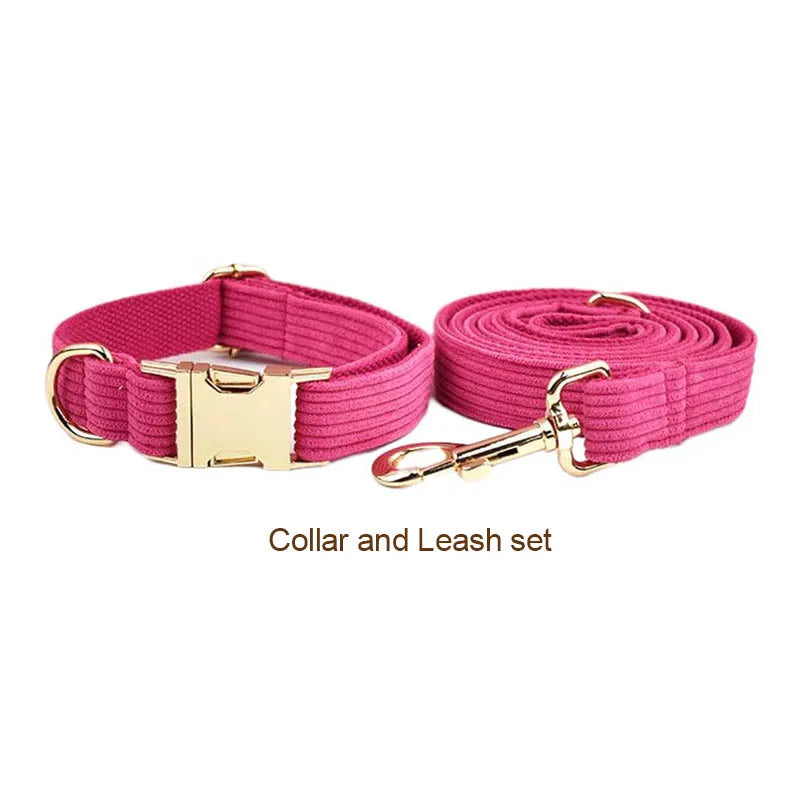 Mei Red Corduroy Personalized Dog Collar, Leash & Harness Set
