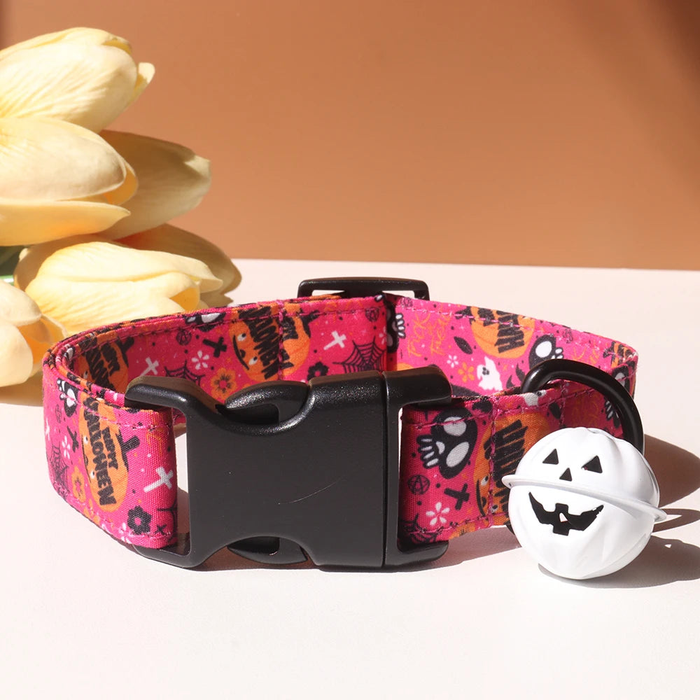 Luxury Small Dog Collar, Personalized Halloween Printed Cotton Collar, Organic Pattern with Rivet Decoration