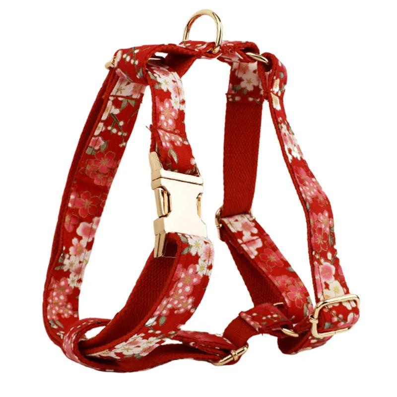 Customized Designer Red Soft Cotton Personalized Dog Collar Leashes Harness Bow Set Flowers