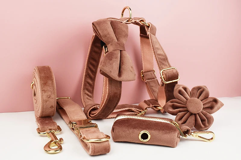 Pink Velvet Personalized Dog Collar, Leash & Harness Set