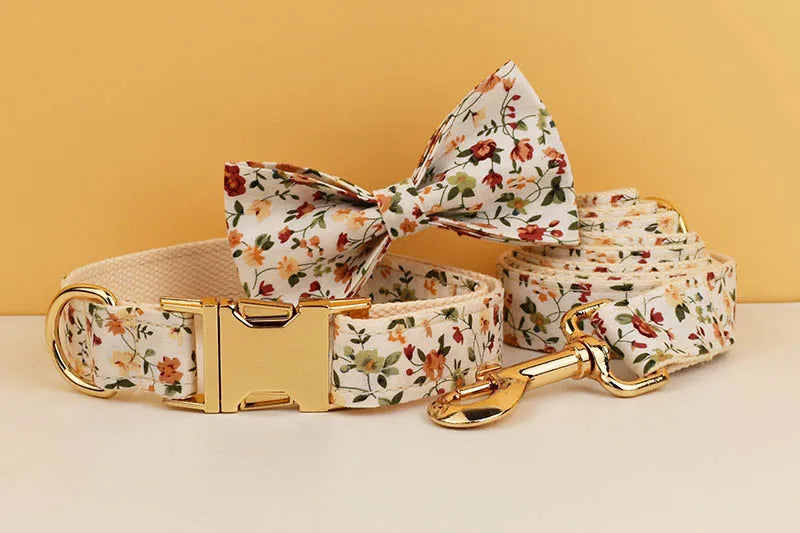 Luxury Flower Soft Cotton Personalized Dog Collar, Leash & Harness Set