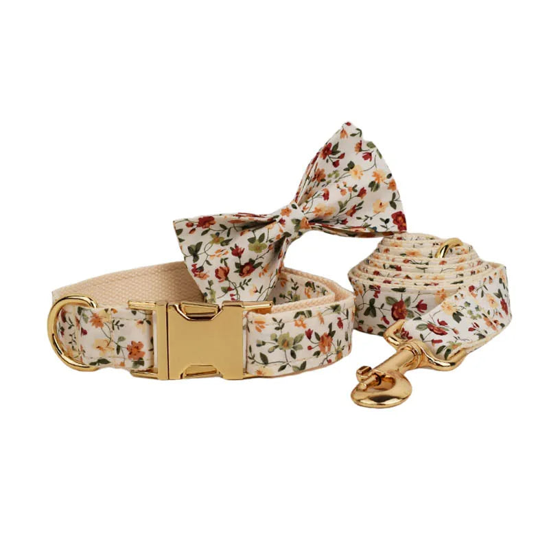 Luxury Flower Soft Cotton Personalized Dog Collar, Leash & Harness Set