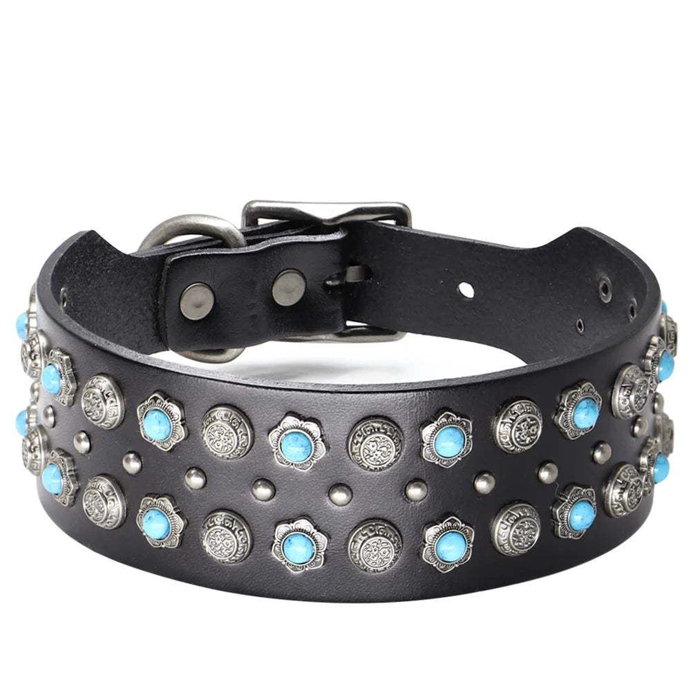 Genuine Leather Dog Collar – 2-Inch Wide Luxury Spike & Diamond Design for Medium & Large Dogs