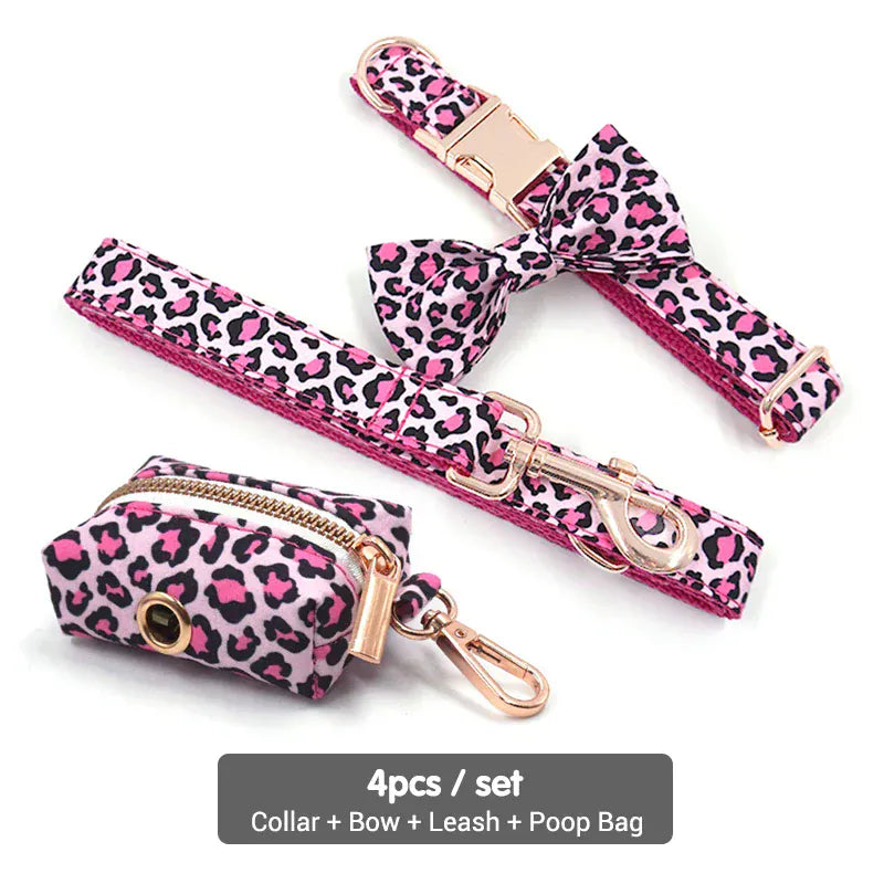 DDPaws  Collar + Leash + Bowtie + Poop Bag / XS Pink Leopard Velvet Set