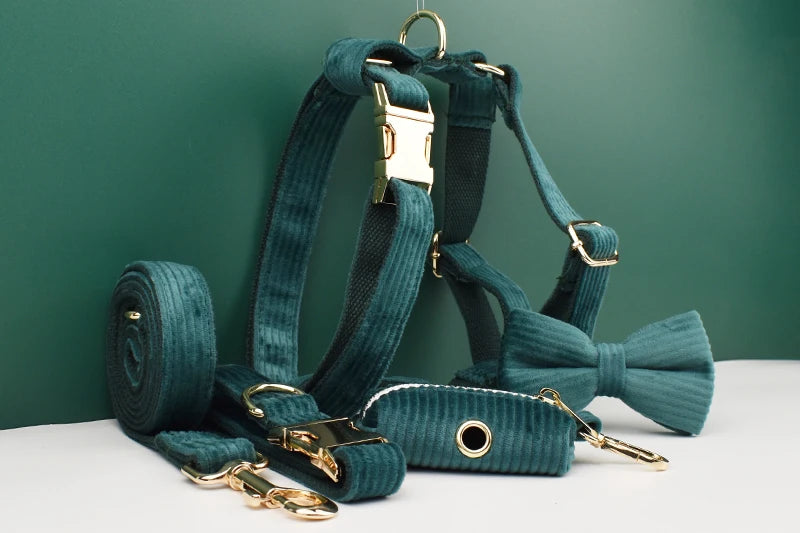 Dark green Corduroy Personalized Dog Collar, Leash & Harness Set