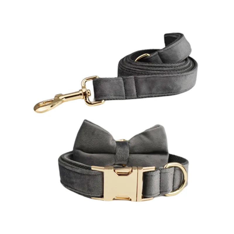 Dark Grey Velvet Personalized Dog Collar, Leash & Harness Set