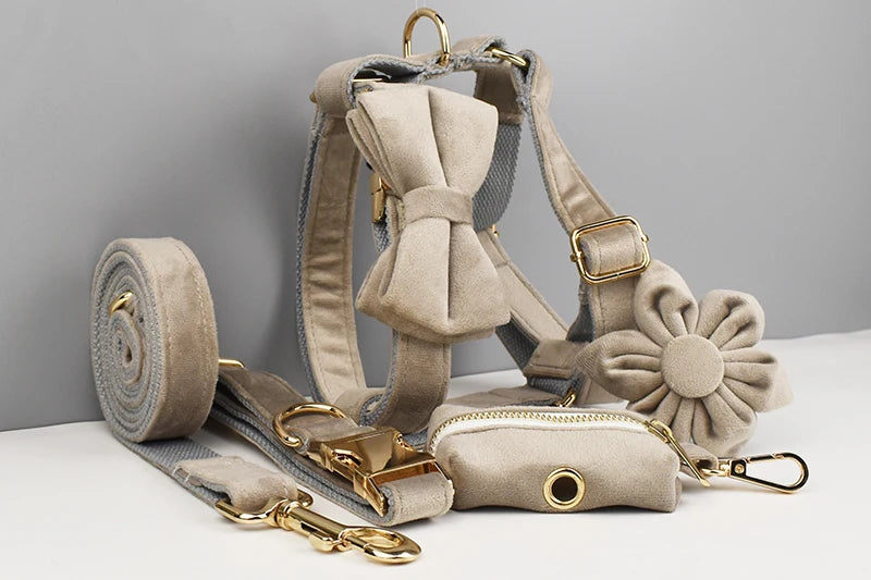 Light grey Velvet Personalized Dog Collar, Leash & Harness Set