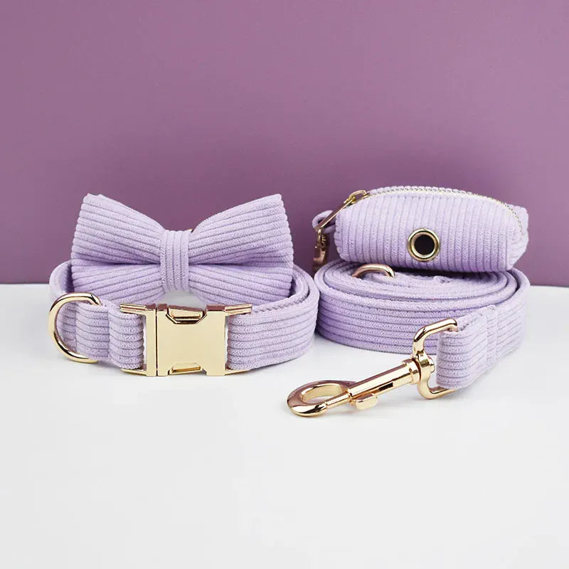Purple Corduroy Dog Collar Leash and Harness Set