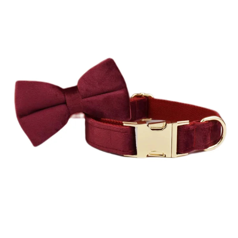 Red Wine Velvet Personalized Dog Collar, Leash & Harness Set