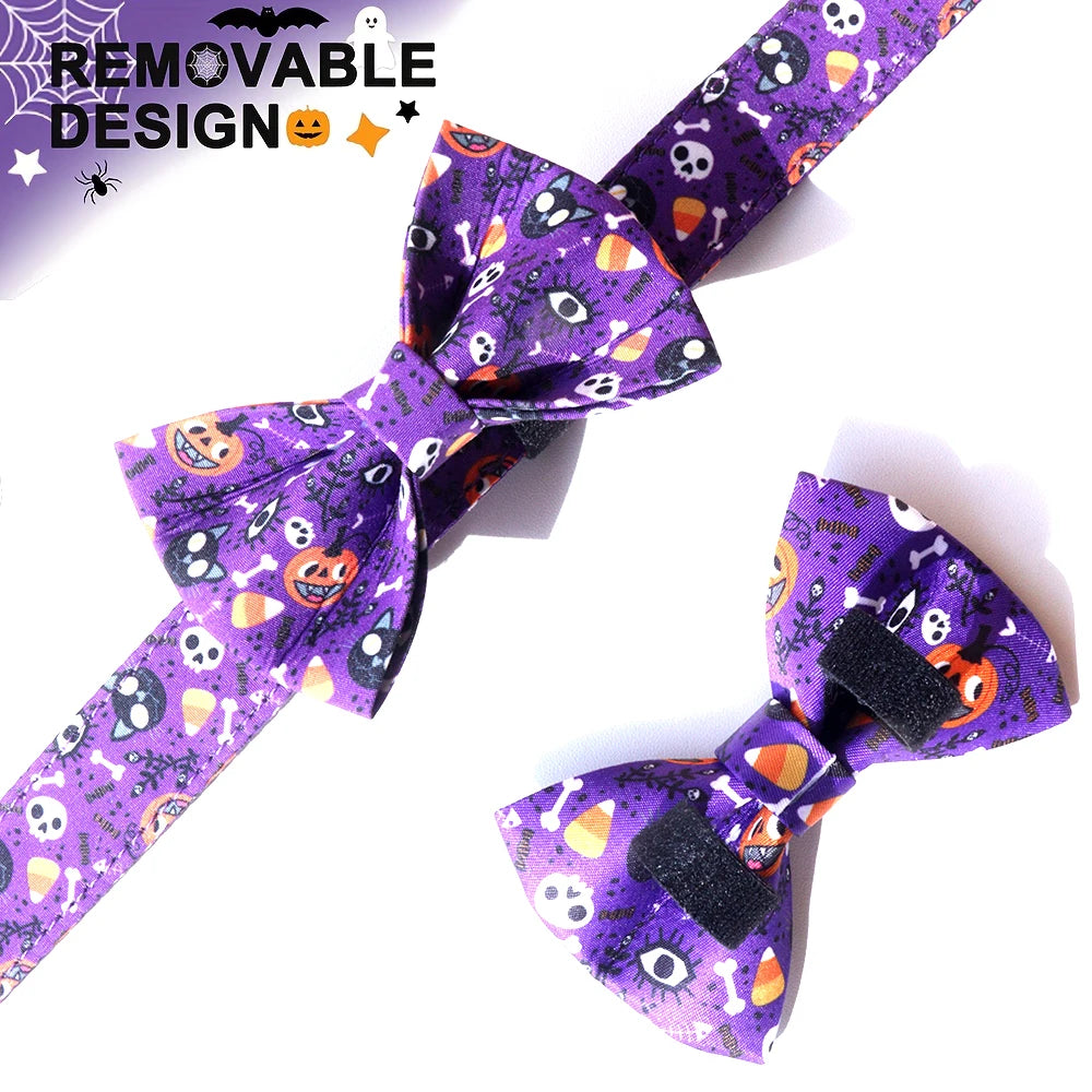 Luxury Small Dog Collar, Personalized Halloween Printed Cotton Collar, Organic Pattern with Rivet Decoration