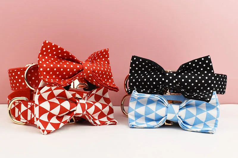 Personalized Check Dog Walking Set – Custom Dog Collar Leash Bowtie, Engraved Name Pet Gift