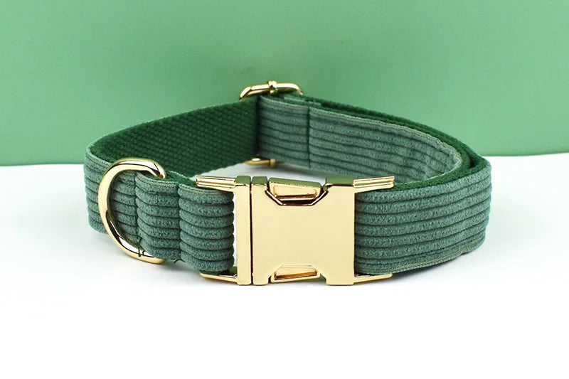 Dark Green Corduroy Personalized Dog Collar, Leash & Harness Set