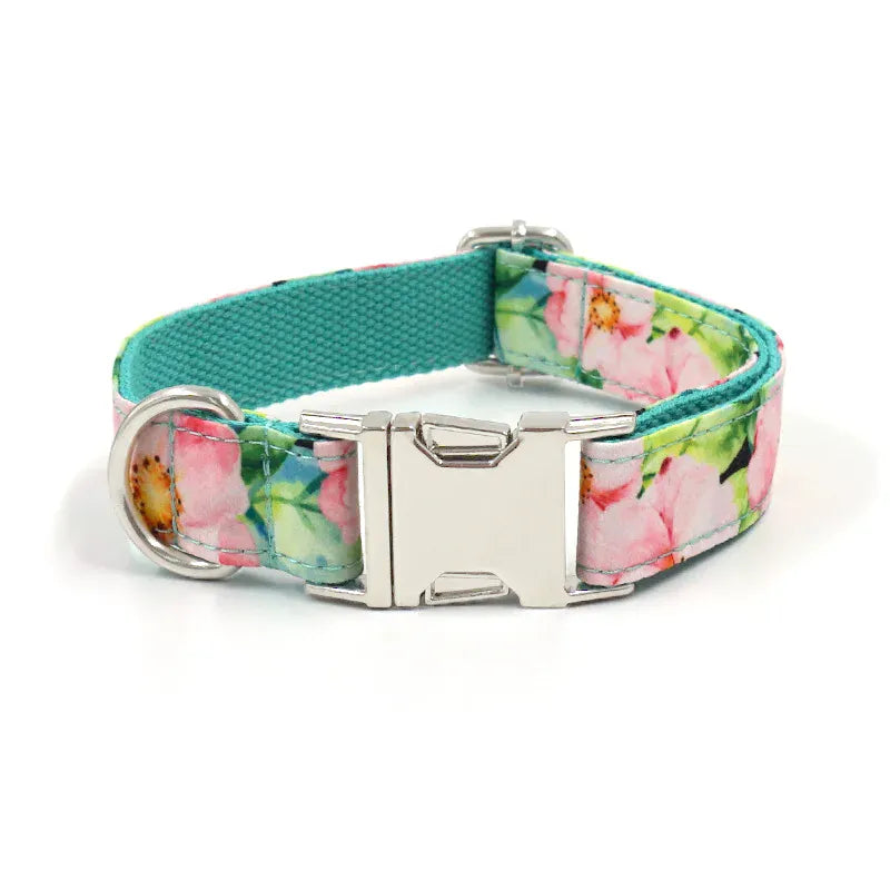 Multi Personalized Print Floral Cotton Adjustable Dog Collars -  Engravable