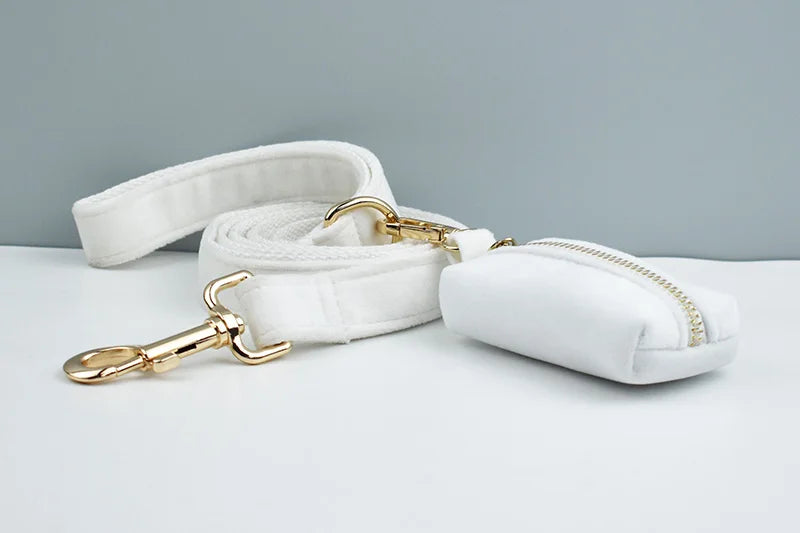 White Velvet Personalized Dog Collar, Leash & Harness Set