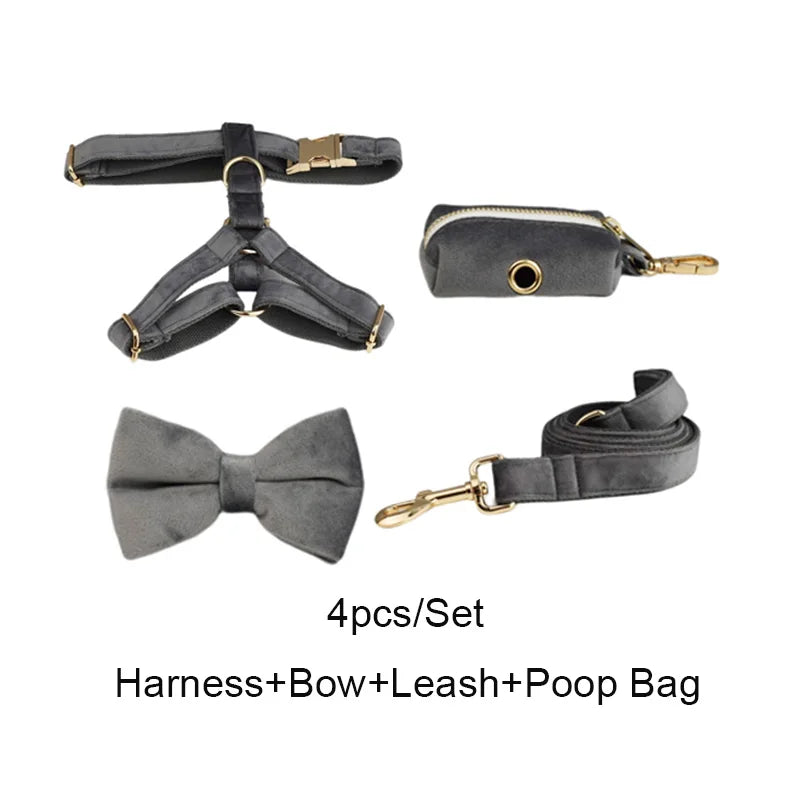 Dark Grey Velvet Personalized Dog Collar, Leash & Harness Set